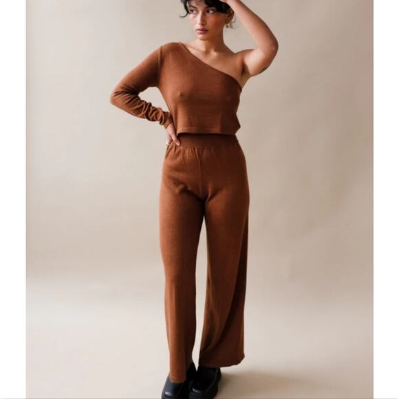 Callahan Revolve Julia Root Beer Knit Wide Leg Lounge Pants Brown Large NWT